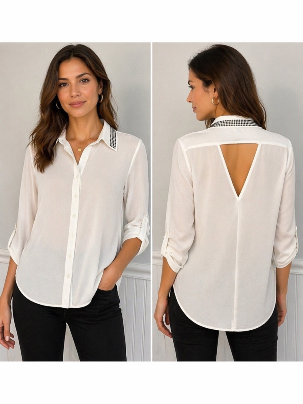 Chic White Sheer Blouse w/ Studded Collar & Open Back Detail- large